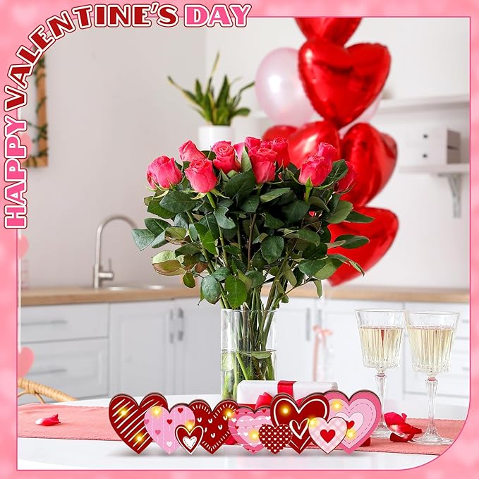 Yousoontic Valentines Day Heart Decor Table Centerpieces Valentines Wooden Heart Sign Decorations with LED Lights 3D Block Pink Red Love Romantic Decor for Home Mantel Desk Office Party Decorations