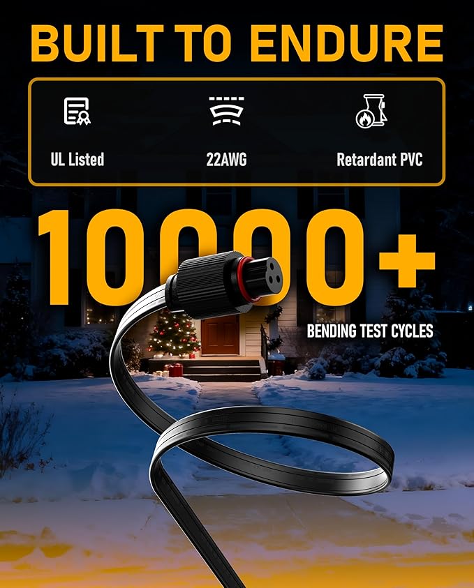 10FT Extension Cable for Govee Permanent Outdoor Lights (H705A-H706C), IP68 Waterproof 3-Pin Extension Cord, 22AWG Pure Copper Wire, Expand Holiday Lighting for Christmas, New Year, Roof, Black