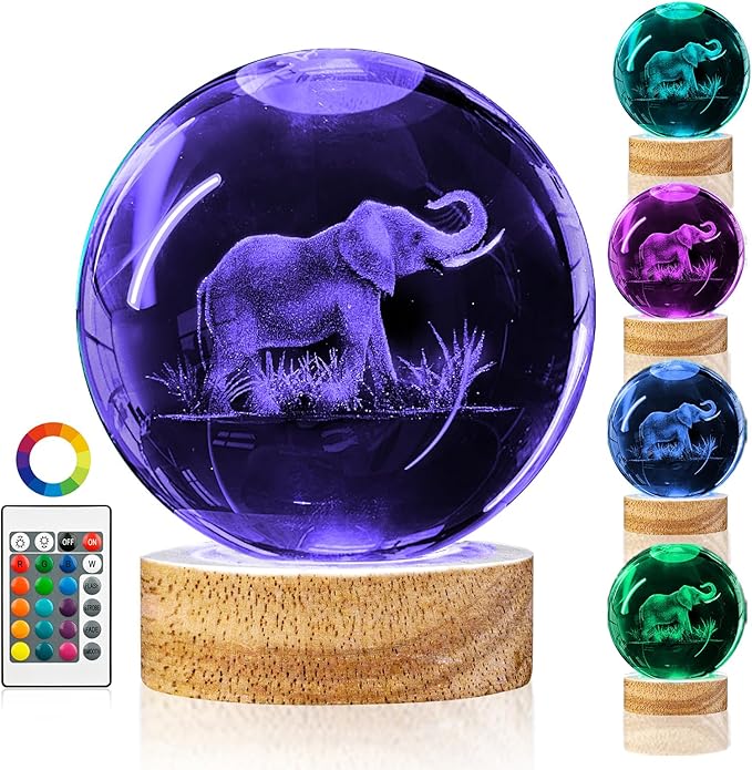 3D Elephant Crystal Ball Night Light Elephant Gifts for Women 3.15 in Figurine Glass Ball Lamp with 16 Color, Home Room Decor Birthday Christmas Gifts for Boy Girl (Upgraded)