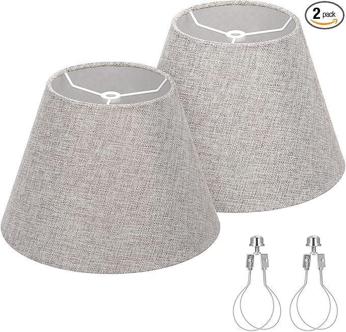 Lamp Shades for Table Lamps, Gray Lampshades Set of 2, 5.5" Top x 10" Bottom x 6.6" High, Natural Linen Lamp Shades for Floor Lamps Bedside Lamps, Spider, Bulb Clip Adapters Included
