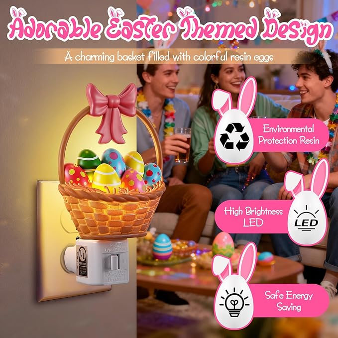 Easter Basket Egg Decorative Nightlight, Easter Cute Resin Plug in Light, 3D Egg Bow Basket Lamp Spring Indoor Bedroom Bathroom Home Decor Lighting Gifts for Kids, Holiday Lamp by C7 LED Bulb