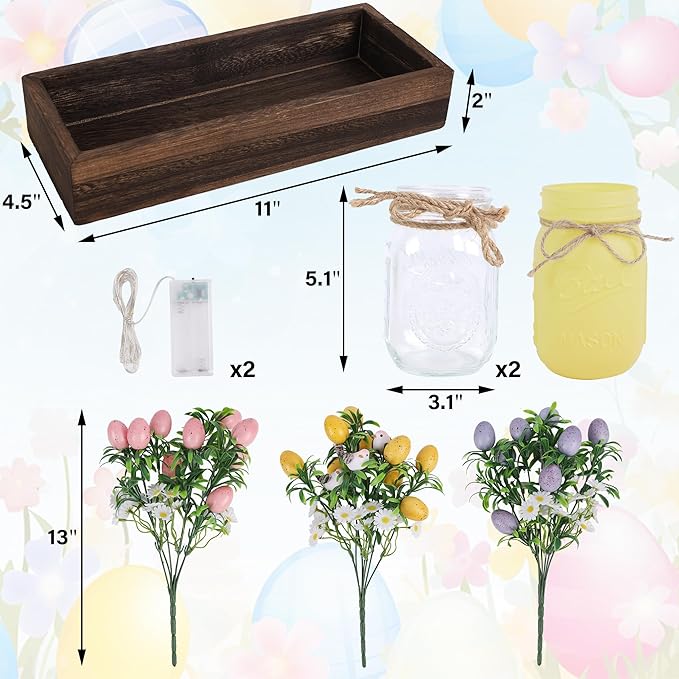DR.DUDU Easter Decorations for Home, Easter Table Centerpiece with Egg Picks in Glass Vases, Wood Tray & Led Lights with Timer, Spring Decor for Home, Set of 3