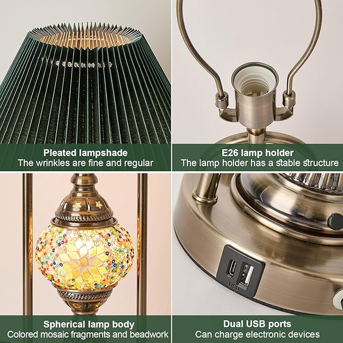 beaysyty Vintage Mosaic Table Lamp Set of 2, 25.2 Inch Decorative Bedside Lamps with Pleated Shade, USB Charging Ports, Colored Glass Globe Night Light, Bronze Gold Finish and Green lampshade