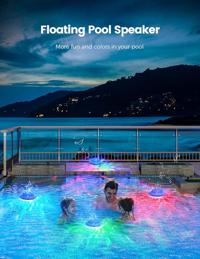 Floating Pool Speakers with Colorful LED Lights, IPX7 Waterproof Hot Tub Bluetooth Speaker, 10W Stereo Loud Sound, Built-in Mic, Portable Wireless Speakers for Shower Bathtub Beach Outdoor Swim-Blue