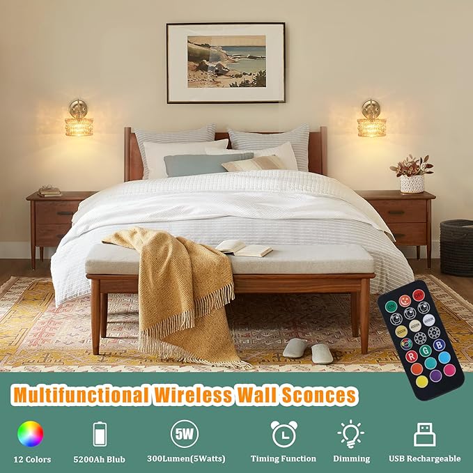Battery Operated Wall Sconce Set of 2, Vintage Rechargeable Wall Lights with Amber Ripple Glass Shade, Wireless Indoor Wall Lamp with Remote for Bedroom Living Room Bathroom