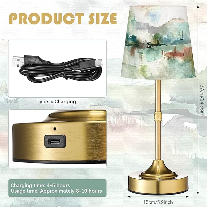 Cordless Table Lamp for Bedroom Bedside Mountains Country Linen Lampshade with Rechargeable Table Lamp Watercolor Desk Light for Farmhouse Nightstand Living Room Nursery Home Decor