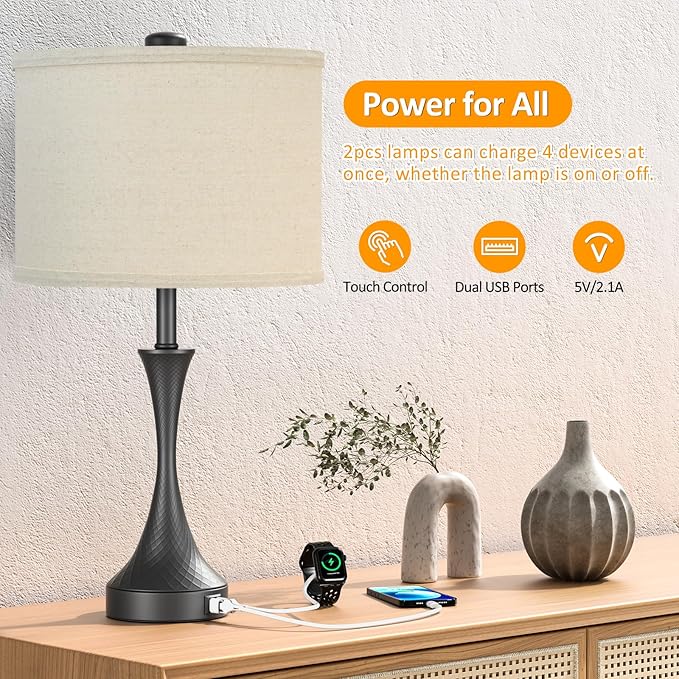 26" Black Touch Table Lamps for Living Room, Modern Farmhouse Touch Lamps for Night Stands Set of 2 with USB Ports, 3 Way Dimmable Bedside Lamps for Bedroom Side Table