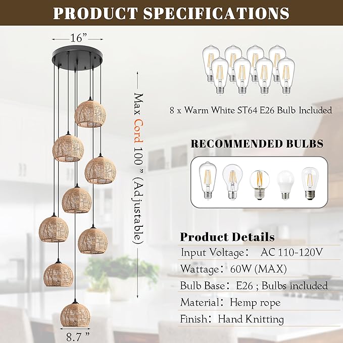 8-Light Woven Foyer Chandeliers for High Ceiling H100",8 Dome Boho Rattan Pendant Lights Farmhouse Ceiling Light,rustic Hemp rope Light Fixture For Living Room Hallway Staircase Entryway (Bulb Incl.