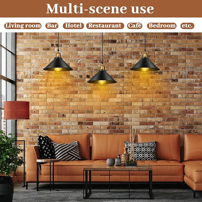 Retisee 12 Pcs Industrial Pendant Light Vintage Metal E26 Base Hanging Light Rustic Dome Pendant Lamp Fixture Farmhouse Kitchen Hanging Ceiling Lamp for Dining Room Bedroom Hallway Bar(Black)