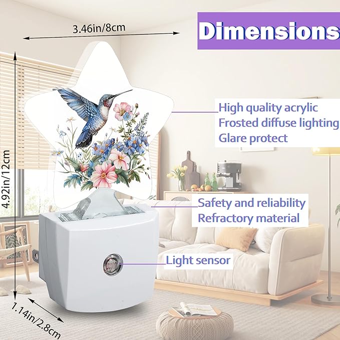 Night Lights Plug Into Wall Decorative,Hummingbird Nightlights for Kids Bedroom, Spring Flowers Energy Efficient Dusk-to-Dawn Sensor Sleep Friendly Lamp for Nursery Bathroom
