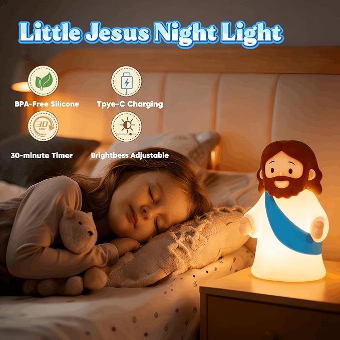 Little Jesus Night Light Mini Jesus Silicone Lamp Dimmable Nursery Nightlight for Kids Rechargeable Bedside Touch Lamp Perfect for Christmas, Easter and Baptism Gifts (Blue)