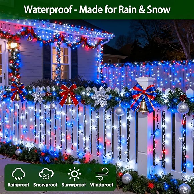 1500 LED 470FT Christmas Lights Outdoor,12 Lighting Modes Christmas String Lights with Timer, Dimmable Plug in Red White and Blue LED StringLights Waterproof for Yard Tree Wedding Party Holiday