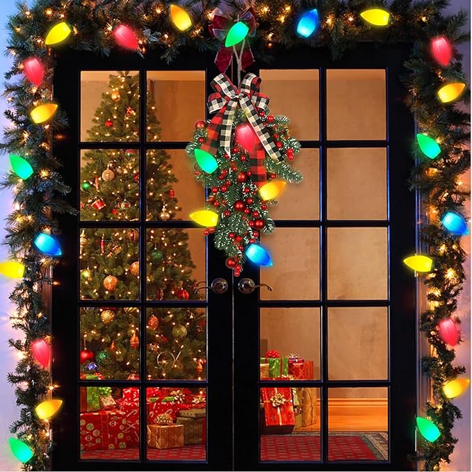C9 Christmas Lights Outdoor, 23Ft 35LED C9 Vintage Christmas LED Lights C9 Multicolor Bulbs C9 Christmas String Lights Plug in for Outdoor Patio Backyard Indoor Party Tree Christmas Decor Green Wire