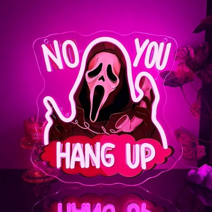 Symone No You Hang Up Halloween Ghostface Mask Neon Sign, Halloween Skull Neon Light USB Powered, for Halloween Party Spooky Decor Neon Horror Decor Horror Movie Sign Halloween Gifts(11.8 * 11.6 In)