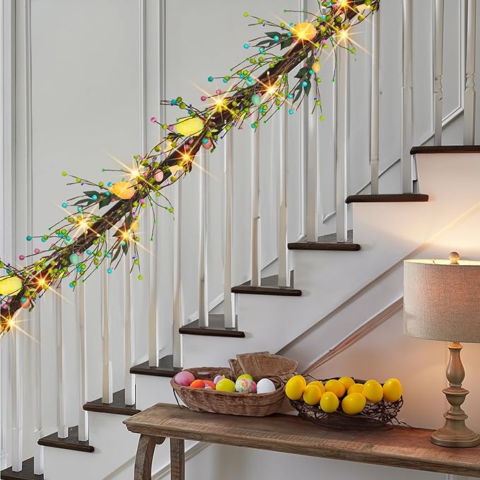 NEROSUN 6 FT Easter Egg Garland, 20 LED Battery Operated Lighted Garland with 8 Modes, Artificial Easter Garland for Indoor Outdoor Home Fireplace Party Door Decoration
