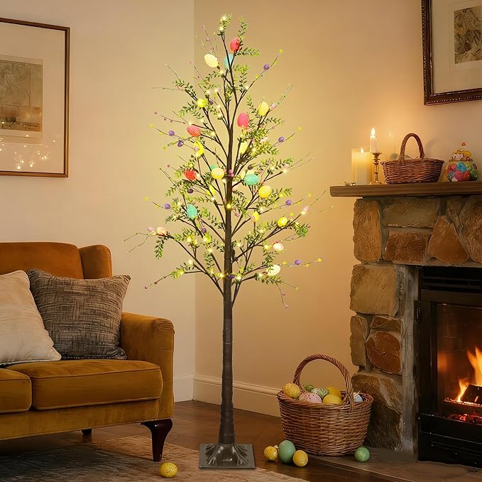 DR.DUDU 6FT Lighted Easter Tree with Timer, Large Easter Decorations for Home & Outdoor Porch, Pre-Lit Egg Trees with LED Lights & Colorful Eggs for Spring Party Office Decor