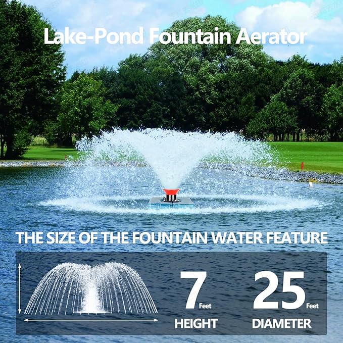 Pond Fountain Aerator, Pond Fountain, 1 HP Pond Aerator /110V 15,000 GPM, 100-foot Power Cord + 2 x 33-Foot Ropes/Timer Aerator Fountain, Suitable for Various Ponds and Lakes