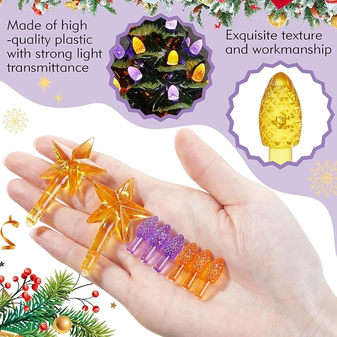 Boao 100 Pieces Ceramic Christmas Tree Bulbs and 5 Stars Replacement Plastic Bulbs for Ceramic Christmas Tree Decorations (4 mm Diameter,Purple and Orange)
