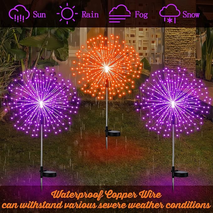 6 Pcs Easter Solar Firework Stake Lights 180 LED 8 Modes Solar Waterproof LED Sparkler Lights Outdoor Decoration for Christmas Holiday Garden Patio Yard Pathway Walkway, Orange, Purple