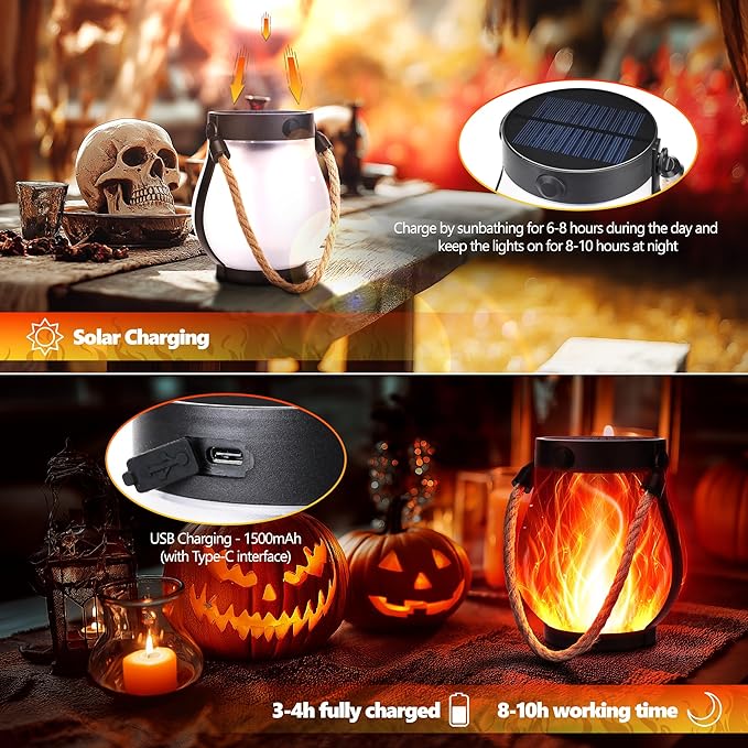 iBaycon 1 Pack Solar Lanterns Lights, Halloween Flickering Flame Garden Lights with 2 Modes Dual Charging USB & Solar, Outdoor Waterproof Hanging Lantern for Party Holiday Halloween Decor (Red)