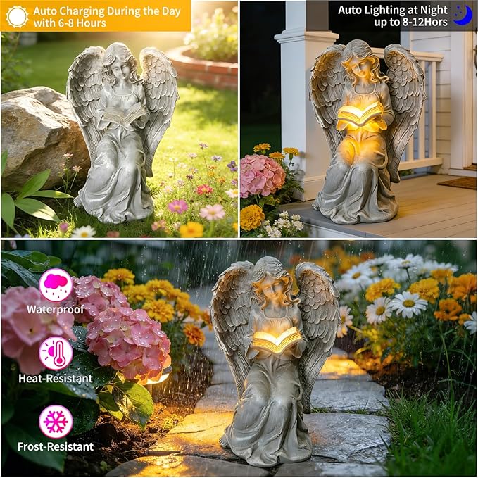 Solar Garden Outdoor Angel Statues with Book - Solar Resin Fairy Waterproof with LED Lights for Balcony Patio Lawn Table Yard Ornaments, Birthday Gifts for Women Mom Grandma