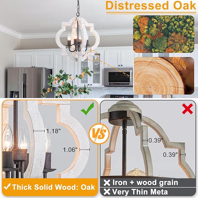 16" Oak Farmhouse Chandeliers for Dining Room Light Fixture Orb Distressed White Wood Pendant Light Kitchen Chandeliers Over Table Ceiling Hanging Light for Island Living Room Bedroom Entryway Foyer