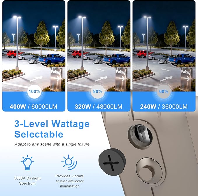 400W LED Parking Lot Light 60000LM UL ETL DLC Listed Commercial Flood Light 400W 320W 240W Adjustable IP65 5000K Street Light Slip Fitter for Stadium Backyard, 100-277V