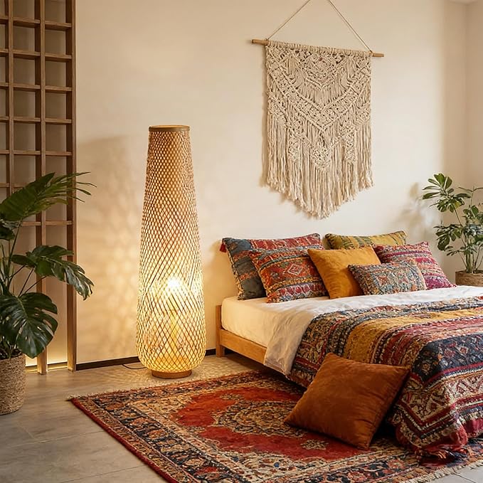 MIXL-Farmhouse Style Bamboo Floor Lamp,Large Wicker Indoor Floor Light,Boho Standing Light Plug in,Modern Minimalist Standing Lamp for Living Room Bedroom