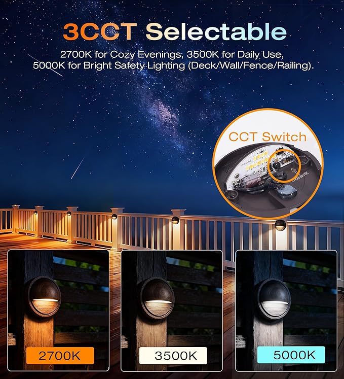 CLOUDY BAY [6 Pack] 3CCT Low Voltage LED Deck Lights Outdoor,2700K/3500K/5000K Selectable,Landscape Step Stair Railing Fence Light Wired,3W,12V-24V AC/DC,Bronze Finish