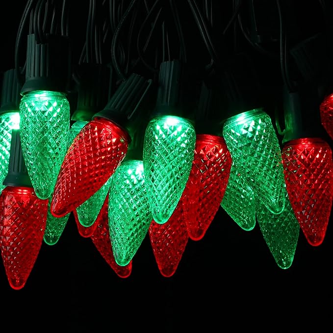 Mudder 50 Pieces C9 Christmas Light Replacement Bulb E17 LED Easter Light Replacement Bulb Outlet Faceted Christmas Bulb LED for Holiday Decoration(Red, Green)
