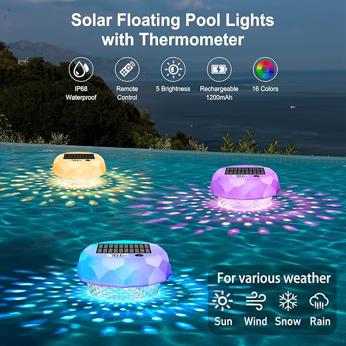 CCHKFEI Solar Floating Pool Lights with Thermometer, Swimming Pool Light with Remote, IP68 Waterproof, RGB 6 Dynamic Modes for Pools, Fountains, Party.