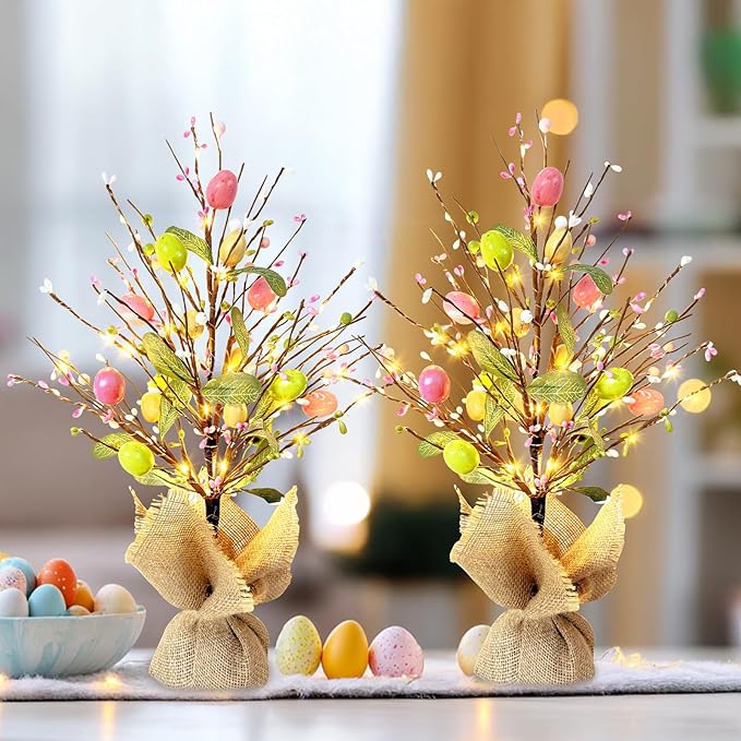 EAMBRITE Easter Decorations Easter Egg Tree with Lights, Lighted Trees Battery Powered, Tabletop Centerpiece Decor with Colorful Egg Ornaments for Home Table Party Spring Decoration (2 Pack)