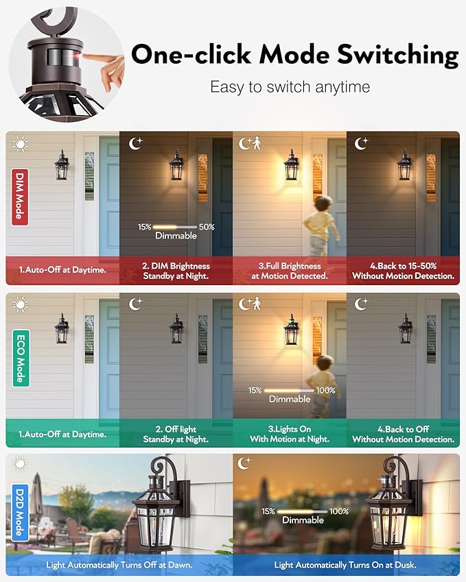 Motion Sensor Porch Lights Outdoor Wall Mount, Oil Rubbed Bronze Exterior Wall Sconce Lantern with E26 Socket, Waterproof Dusk to Dawn Outdoor Lighting Fixtures, Coach Lights for Garage, Patio