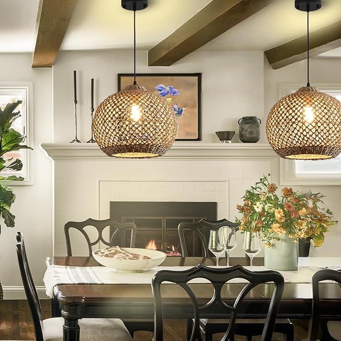 Rattan Pendant Light Fixture,13.79" Boho Rattan Kitchen Island Seagrass Lighting, Hand Woven Coastal Wicker Chandelier,for Farmhouse Dining Room Entryway Foyer 1-Light
