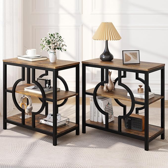 End Table Set of 2, Narrow Side Table with 3-Tier Storage Shelves, Wood Sofa Side Table with Geometric Metal Frame for Living Room, Industrial Bedside Nightstand for Bedroom (Brown)