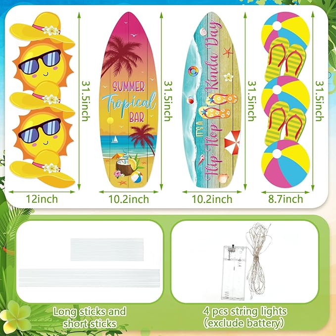 Bencailor 4 Pcs Summer Outdoor Yard Decoration Summer Beach Pool Yard Signs with Stakes LED Hawaiian Themed Party Supplies Beach Ball Surfboard Slipper Decor for Outdoor Lawn Garden Patio