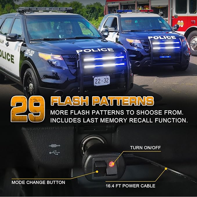 XRIDONSEN 2PCS 24 inch Truck Blue White Emergency Grill Lights Strip 288 LED Grille Strobe Lights Flashing Warning Safety Waterproof First Responder Lights for Firefighter Police Vehicles Fire Trucks