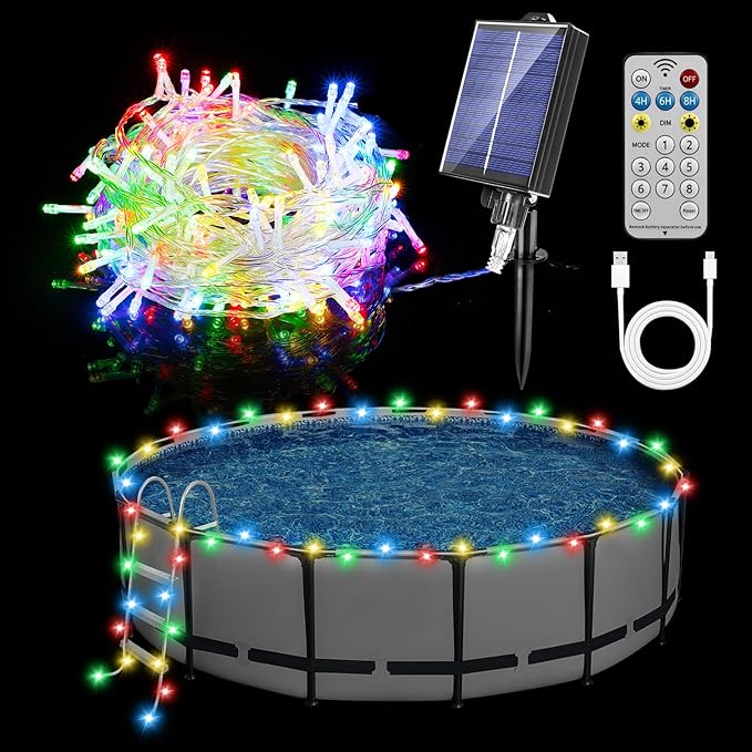 Solar Pool Lights for Framed Above Ground Pools, 72ft String Lights 200Bulbs, IP65 Waterproof Swimming Pool Accessories, Solar Powered with Charging Port, Remote 8 Modes, Outdoor Trampoline Camping