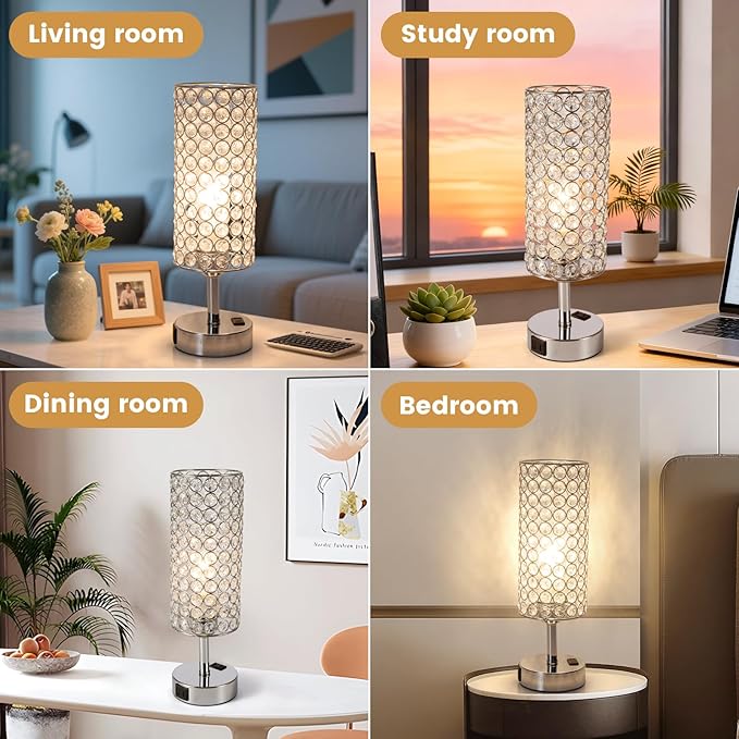 Crystal Table Lamp Touch Table Light Chrome Dimmable USB Charging Modern Bedside Lamps for Bedroom Night Stands Living Room (Bulb Included)