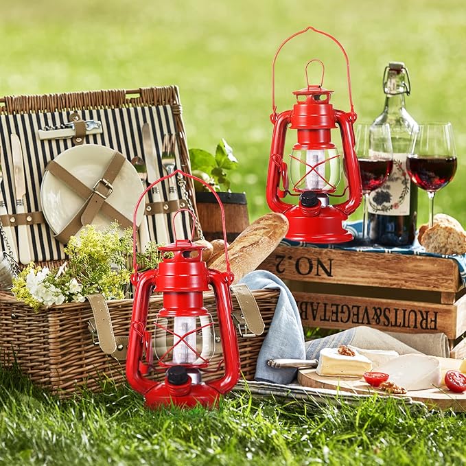 Hortsun 12 Pcs 8 Inch Vintage LED Hurricane Lantern Metal Red Outdoor Battery Operated Hanging Lantern with Warm LEDs and Dimmer Switch for Halloween Christmas Indoor Rustic Farmhouse Camping Decor