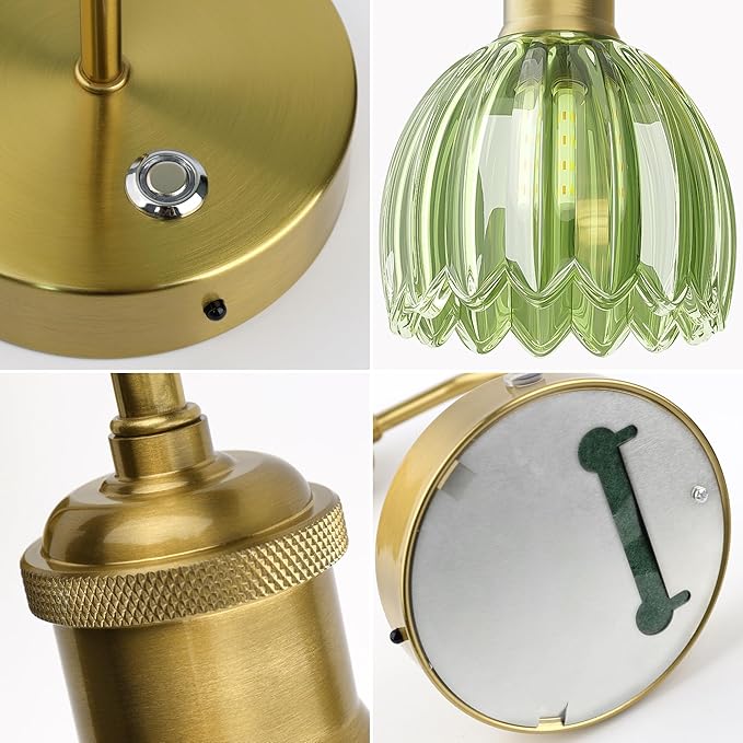 2 Pack Battery Powered Wall Sconce with Green Tulip Glass Lampshade, Rechargeable Dimmable LED Wall Sconce for Living Room, Hallway, Bedroom, Dining Room