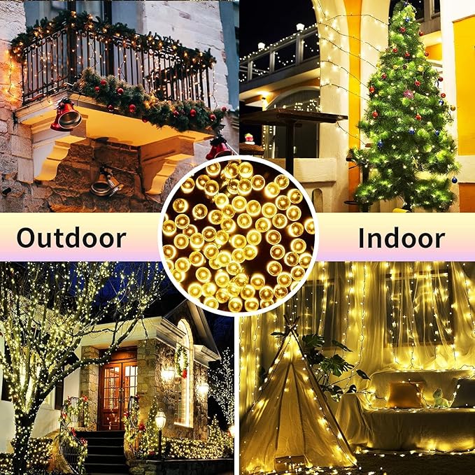 QUWIN Waterproof LED Outdoor Christmas String Lights, 115Ft 300 LED UL Certified 8 Modes with End-to-End Plug, Indoor & Outside Fairy Light for Christmas Tree, Patio, Wedding, Party (Warm White)