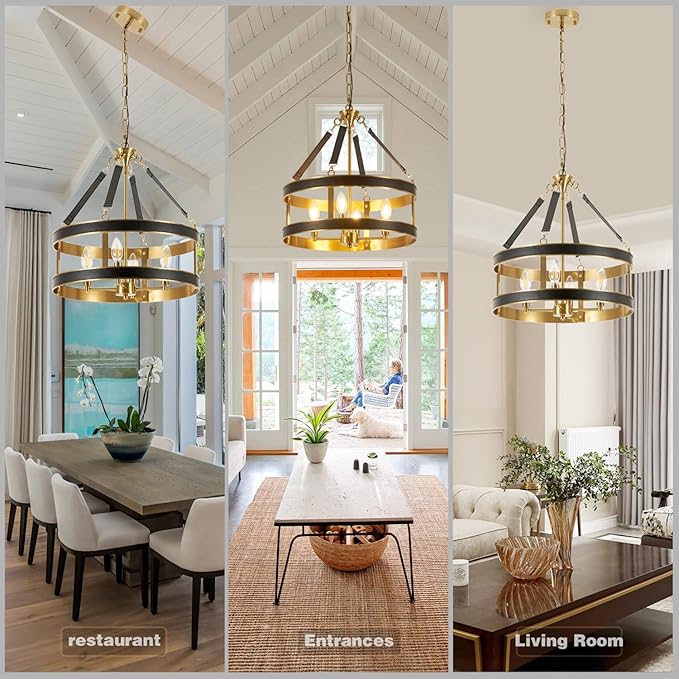 Farmhouse Ceiling Chandelier,18 Inch Antique bronze aluminum black leather belt trim Modern Rustic Hanging Pendant Ceiling Light Fixture for Living room, Dining room, Bedroom, Kitchen（4 Light）