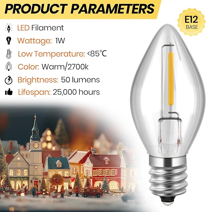 Meonum Christmas Village Lights with 6 LED Light Bulbs, 15 Feet Accessory Cord with C7 Lamp, Rotary On/Off, Female/Male Plugs, Spare Fuses, Blow Mold Light for Village House Craft Decorations(3 Pack)