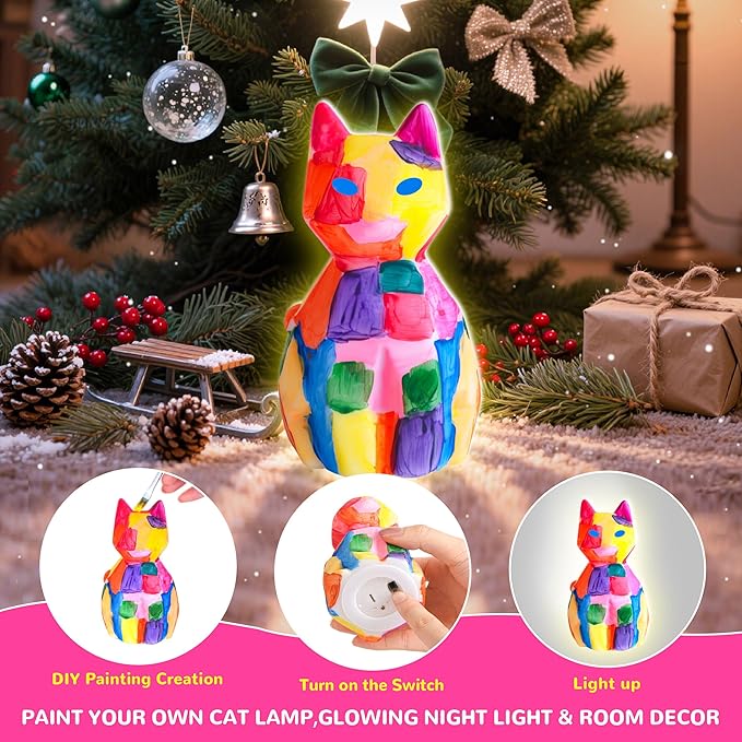 lucdnc Paint Your Own Cat Lamp Kit DIY Night Light Painting Kits for Kids Arts & Crafts Supplies Birthday Easter Christmas Cat Themed Gifts Toys for Girls Boys Teens Ages 3-12+
