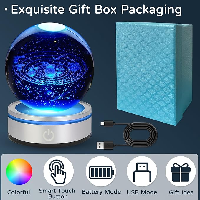 3D Solar System Crystal Ball Night Light with LED Colorful Lighting Touch Base Upgrade 3.15 In Galaxy Planets Glass Ball Lamp Paperweight Astronomy Gift Decor for Boys Girls Kids Birthday Christmas