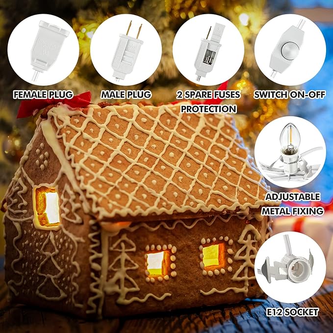 Accessory Cord with LED Bulbs, 14.8 ft White Cord with C7 Lamp, On/Off Switch Plug, Spare Fuses, Female/Male Plugs, Village Light for Halloween Christmas Indoor Decor Craft Project (6 Light)