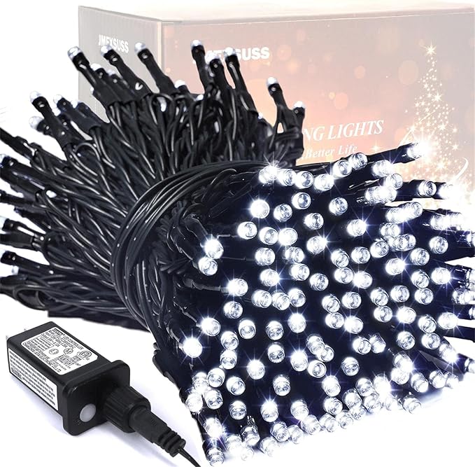 JMEXSUSS 200 LED White Christmas Lights Outdoor, 66ft Christmas Tree Lights Green Wire, 8 Modes Waterproof Twinkle String Lights Plug in for Xmas Wedding Party Indoor Decoration
