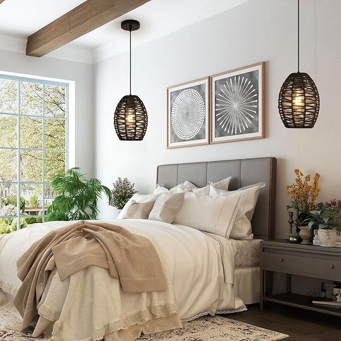 DELIPOP Pendant Light, Hand-Woven Rattan Chandelier, Boho Hanging Light with Adjustable Cord 4.9ft for Living Room, Dining Room, Kitchen, Bedroom (Black)