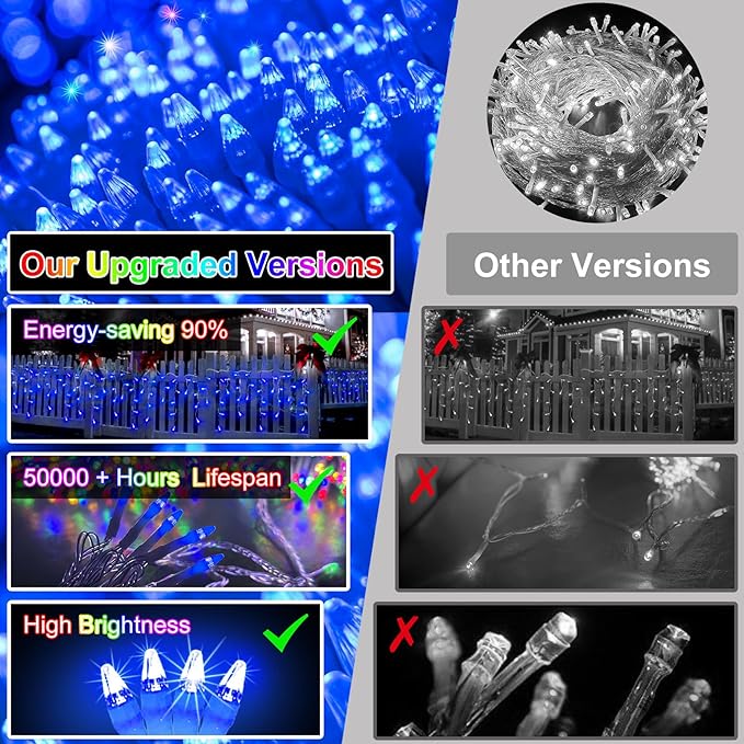 82ft 792 LED 176 Drops Christmas Lights, Outdoor Hanging lights with 8 Modes and Timer Memory, Plug In Outside Waterproof Curtain String Lights for House Fence Tree Holiday Party Decorations (Blue)